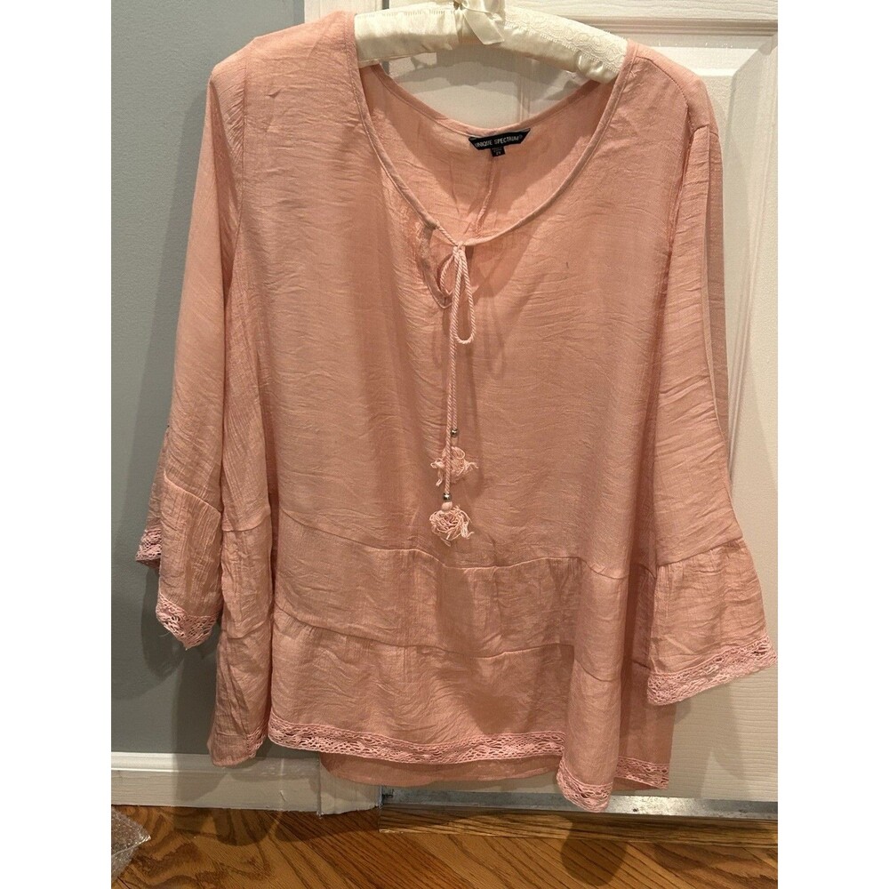 Unique Spectrum Peach Color Boho Lace Trim Top Women's 2X